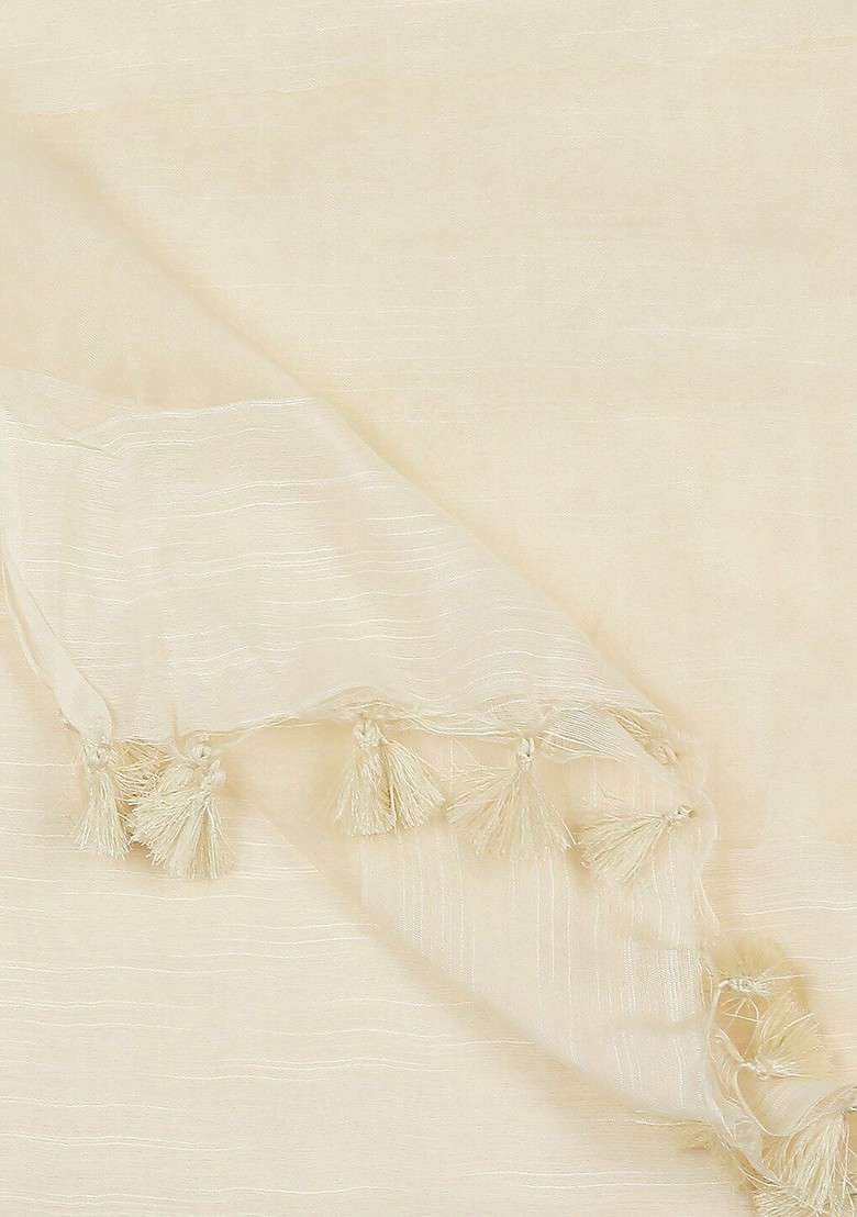 Cream Coloured Linen With Organza Border Dupatta - Indya