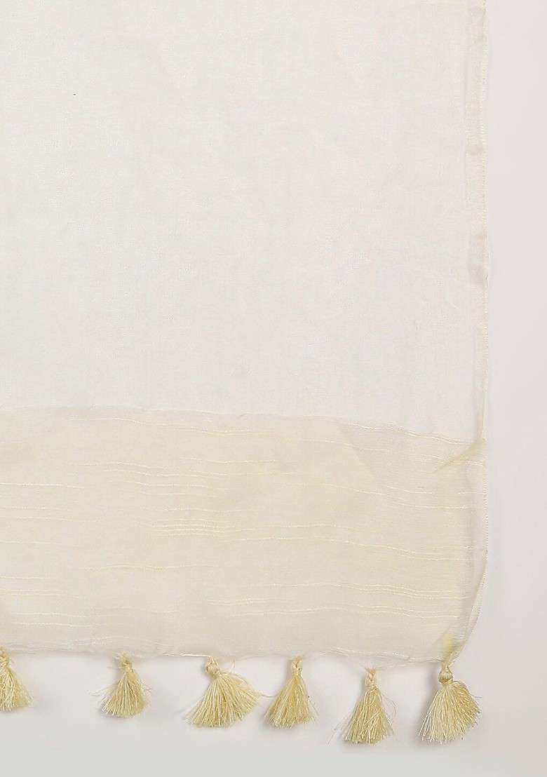 Cream Coloured Linen With Organza Border Dupatta - Indya