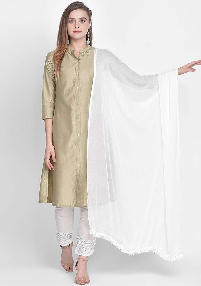 Women White Solid Dupatta - Indya