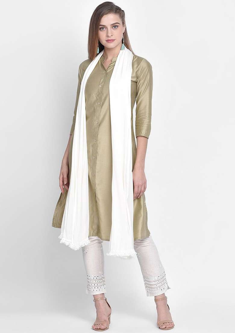 Women White Solid Dupatta - Indya