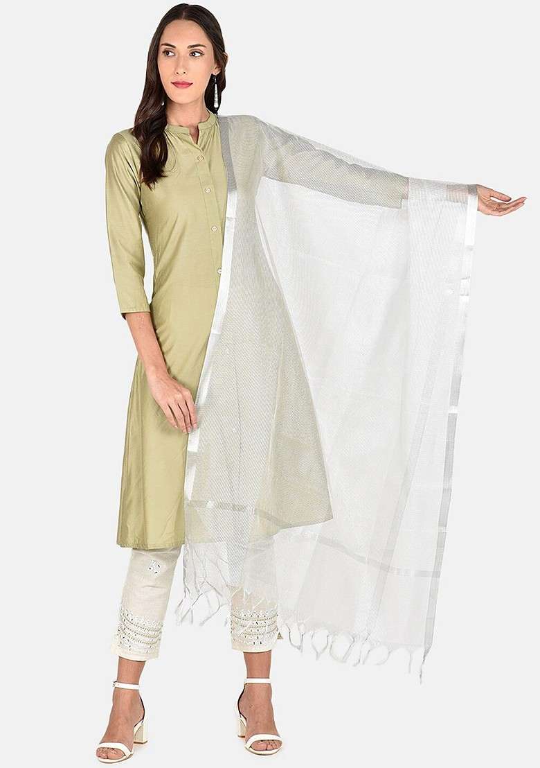 Silver Toned Solid Dupatta - Indya