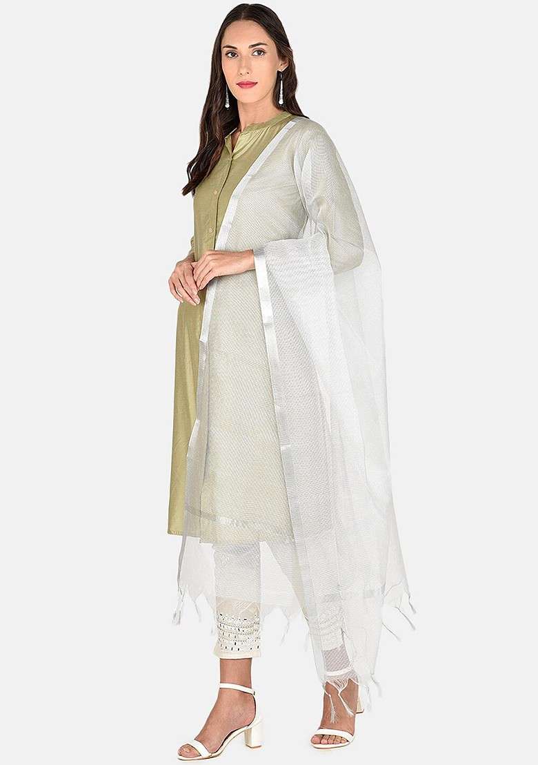 Silver Toned Solid Dupatta - Indya