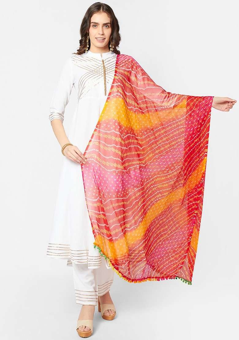 Red And White Printed Bandhani Dupatta - Indya