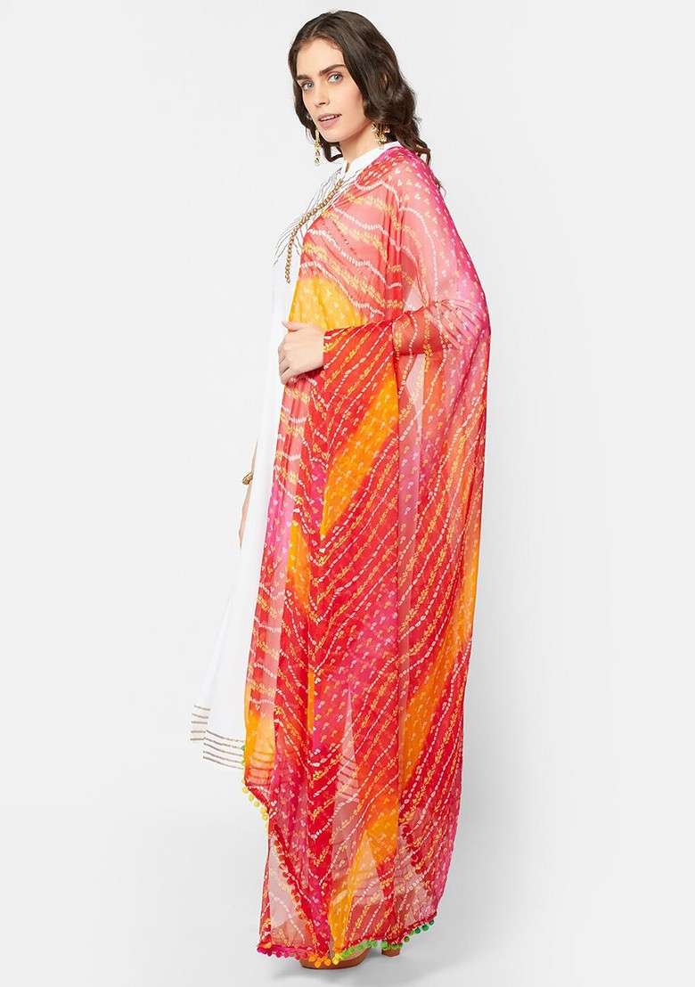 Red And White Printed Bandhani Dupatta - Indya