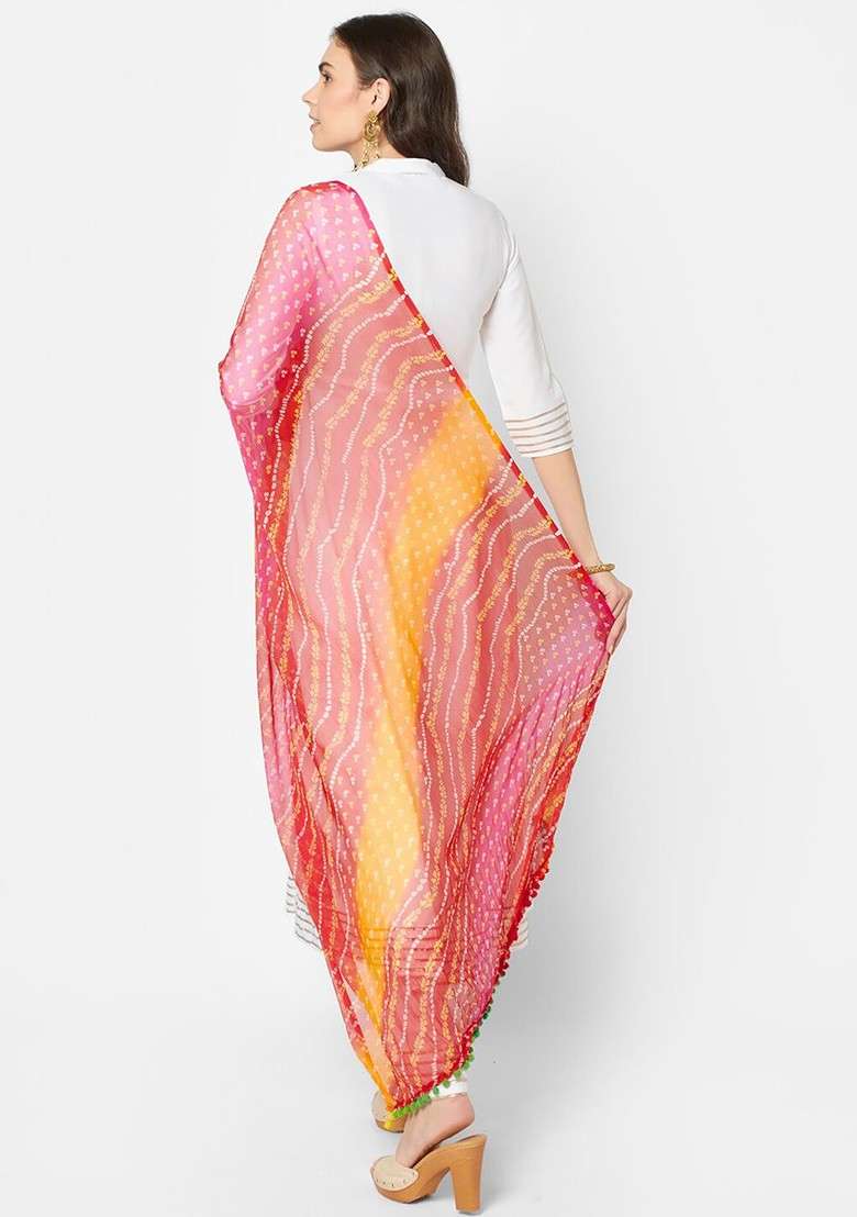 Red And White Printed Bandhani Dupatta - Indya