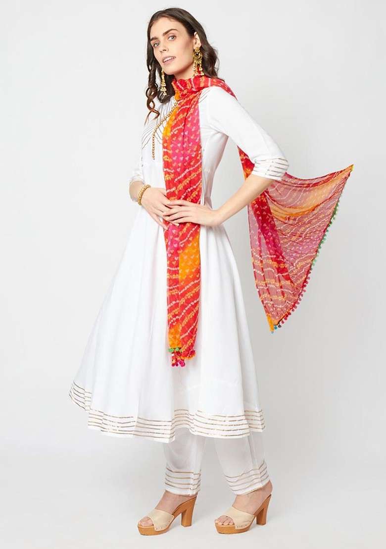 Red And White Printed Bandhani Dupatta - Indya