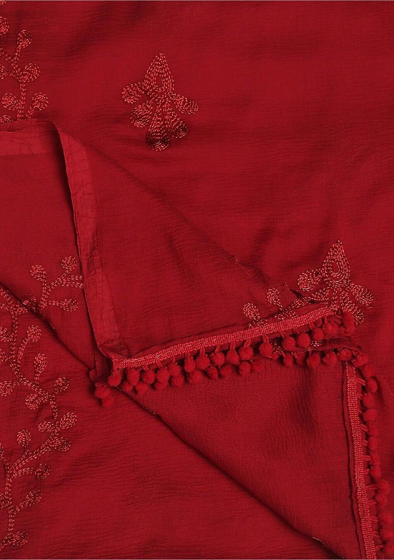 Embroidered Chiffon Dupatta With Pom Pom Lace