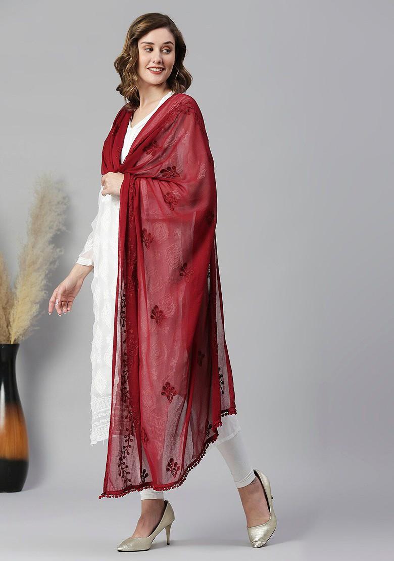 Embroidered Chiffon Dupatta With Pom Pom Lace