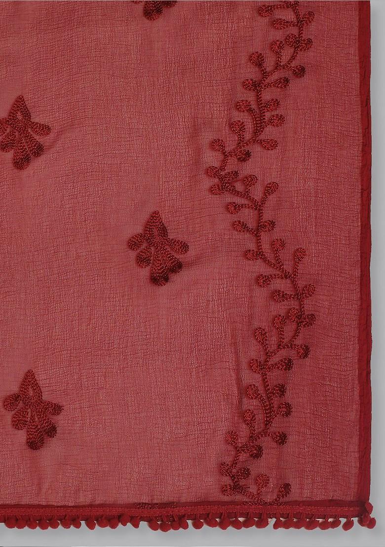Embroidered Chiffon Dupatta With Pom Pom Lace