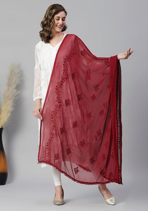 Embroidered Chiffon Dupatta With Pom Pom Lace