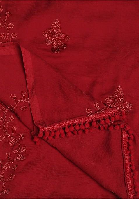 Embroidered Chiffon Dupatta With Pom Pom Lace