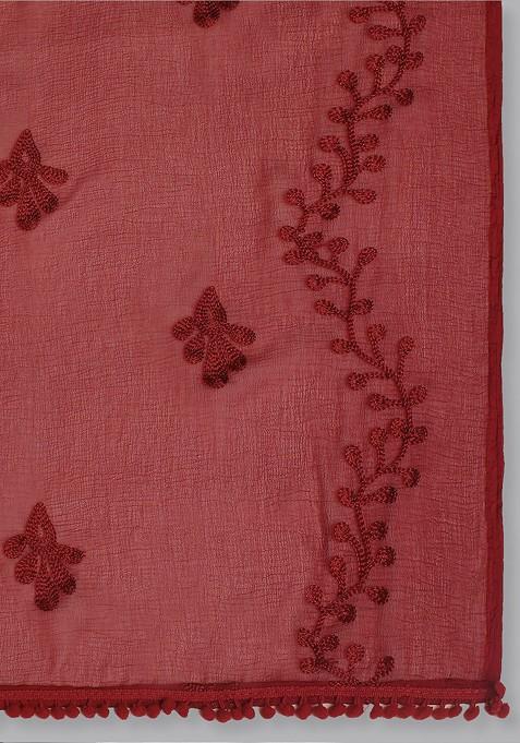 Embroidered Chiffon Dupatta With Pom Pom Lace