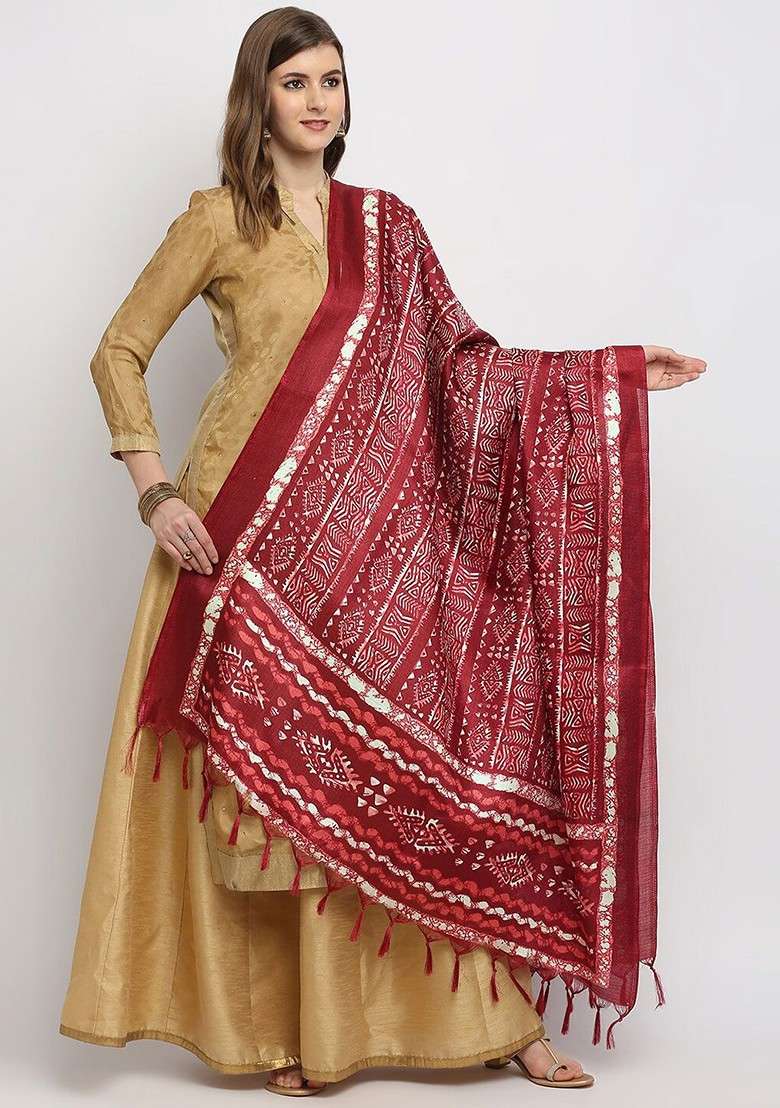 Maroon And White Batik Printed Dupatta - Indya