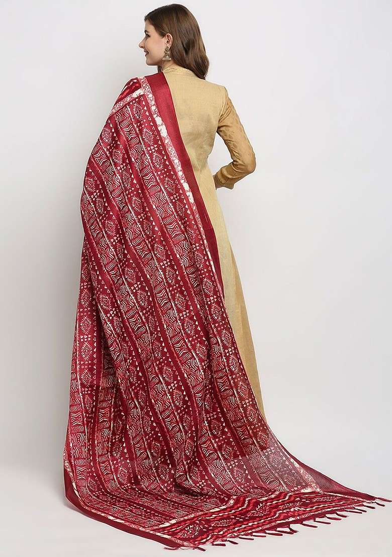 Maroon And White Batik Printed Dupatta - Indya
