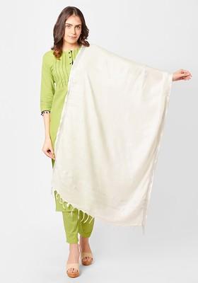 Women Off White Solid Linen Dupatta
