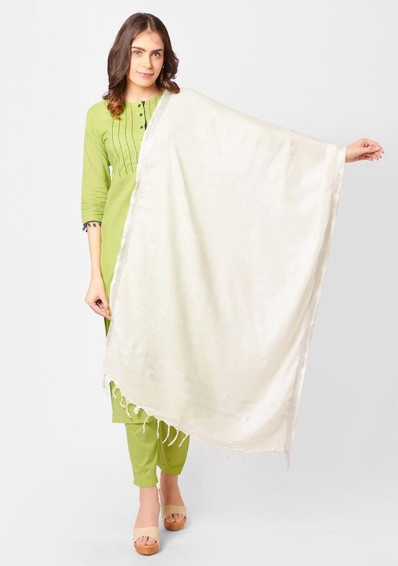 Women Off White Solid Linen Dupatta