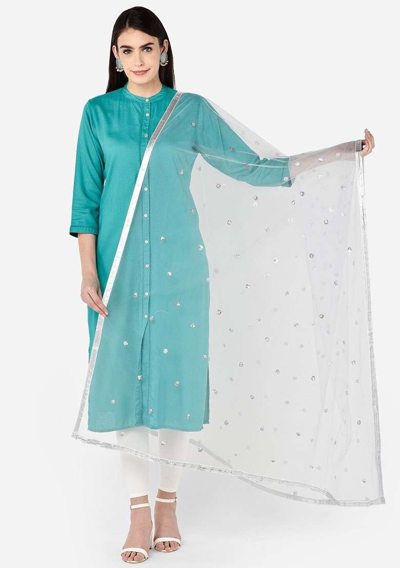 Silver Toned Sequinned Dupatta - Indya