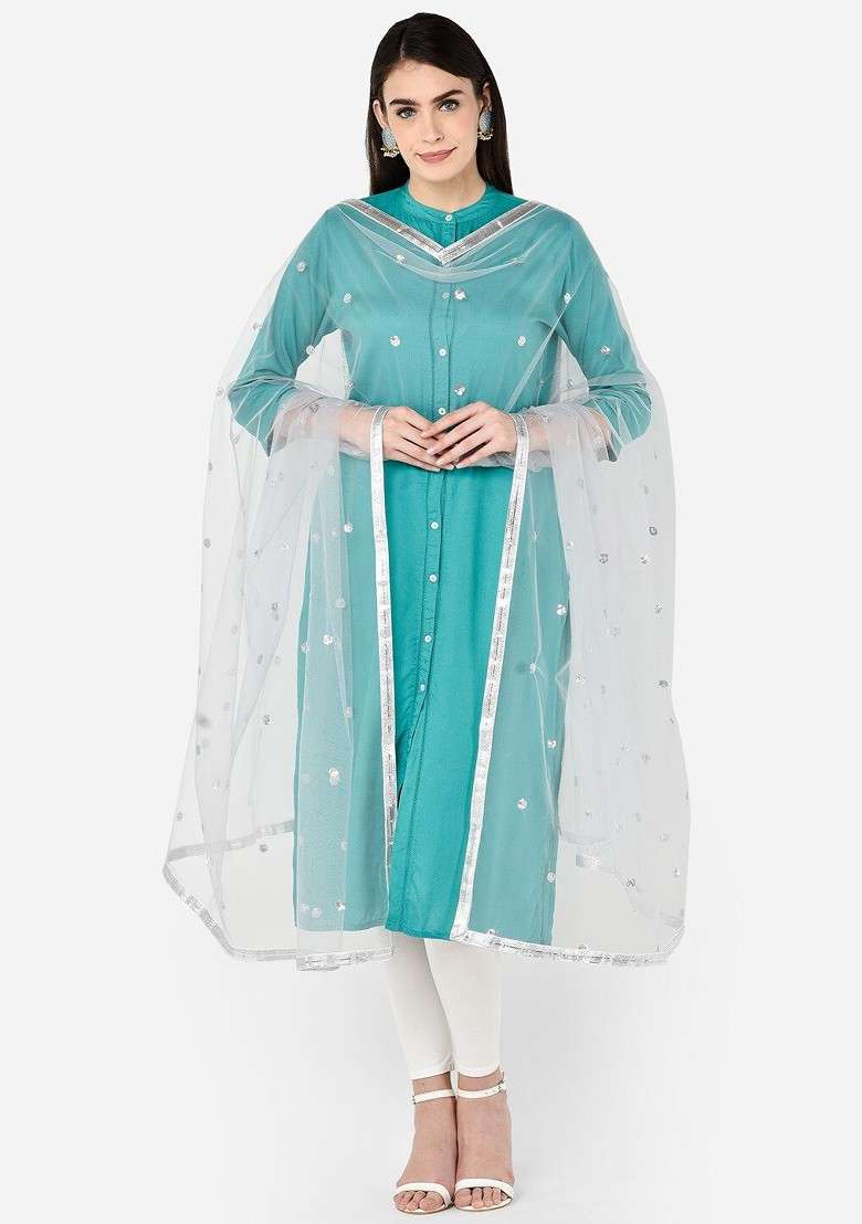 Silver Toned Sequinned Dupatta - Indya