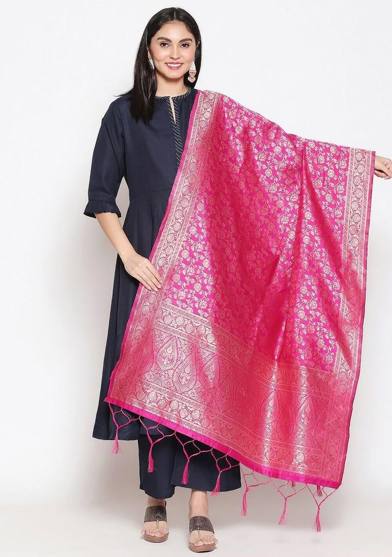 Pink And Gold Toned Woven Design Banarasi Silk Dupatta