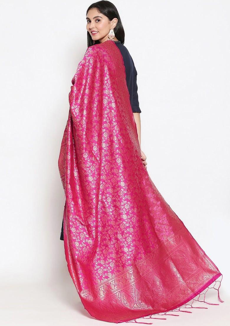 Pink And Gold Toned Woven Design Banarasi Silk Dupatta