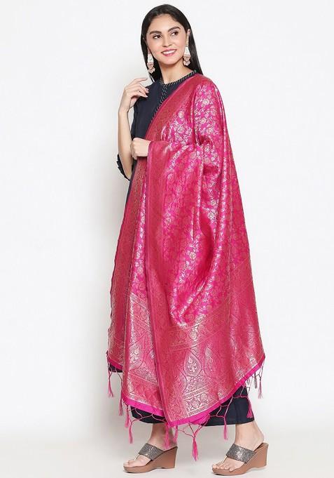 Pink And Gold Toned Woven Design Banarasi Silk Dupatta