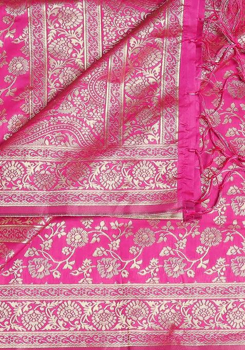 Pink And Gold Toned Woven Design Banarasi Silk Dupatta