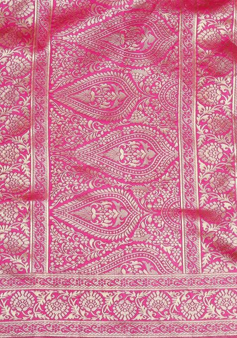 Pink And Gold Toned Woven Design Banarasi Silk Dupatta