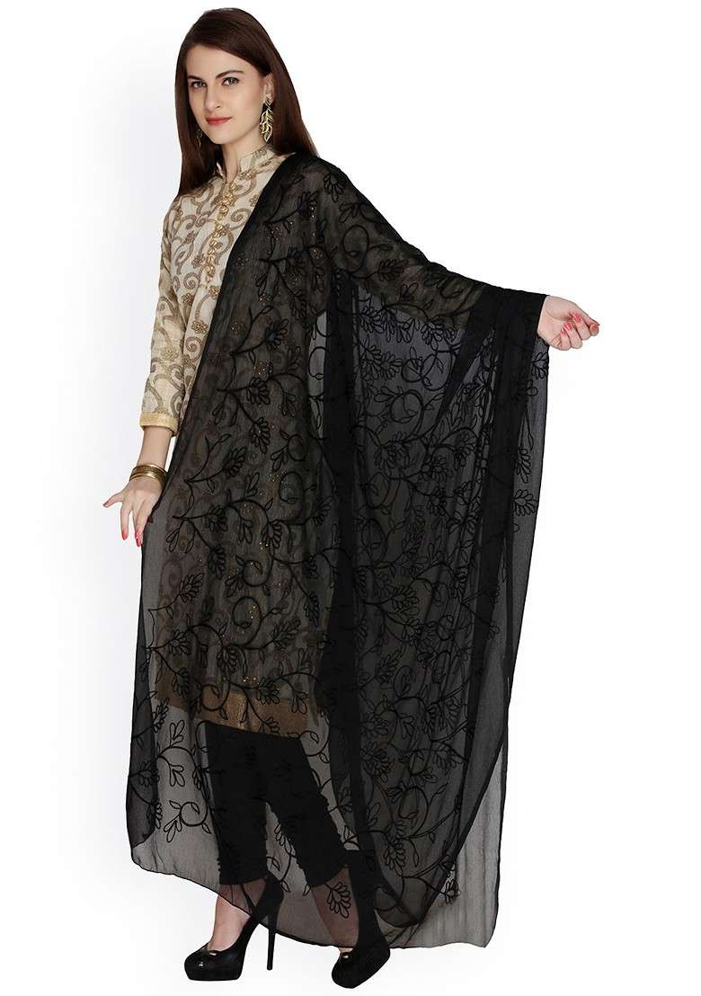 Black Embroidered Chiffon Dupatta - Indya