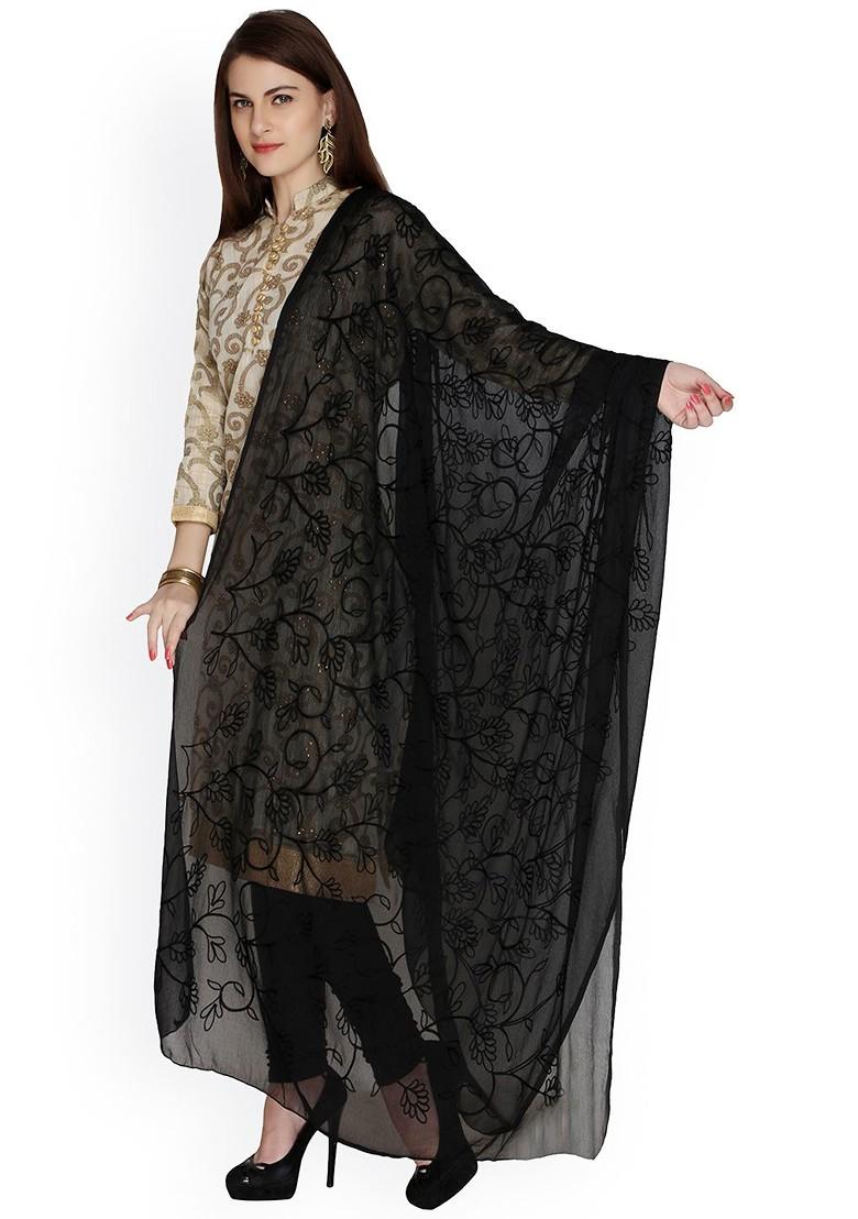 Black Embroidered Chiffon Dupatta