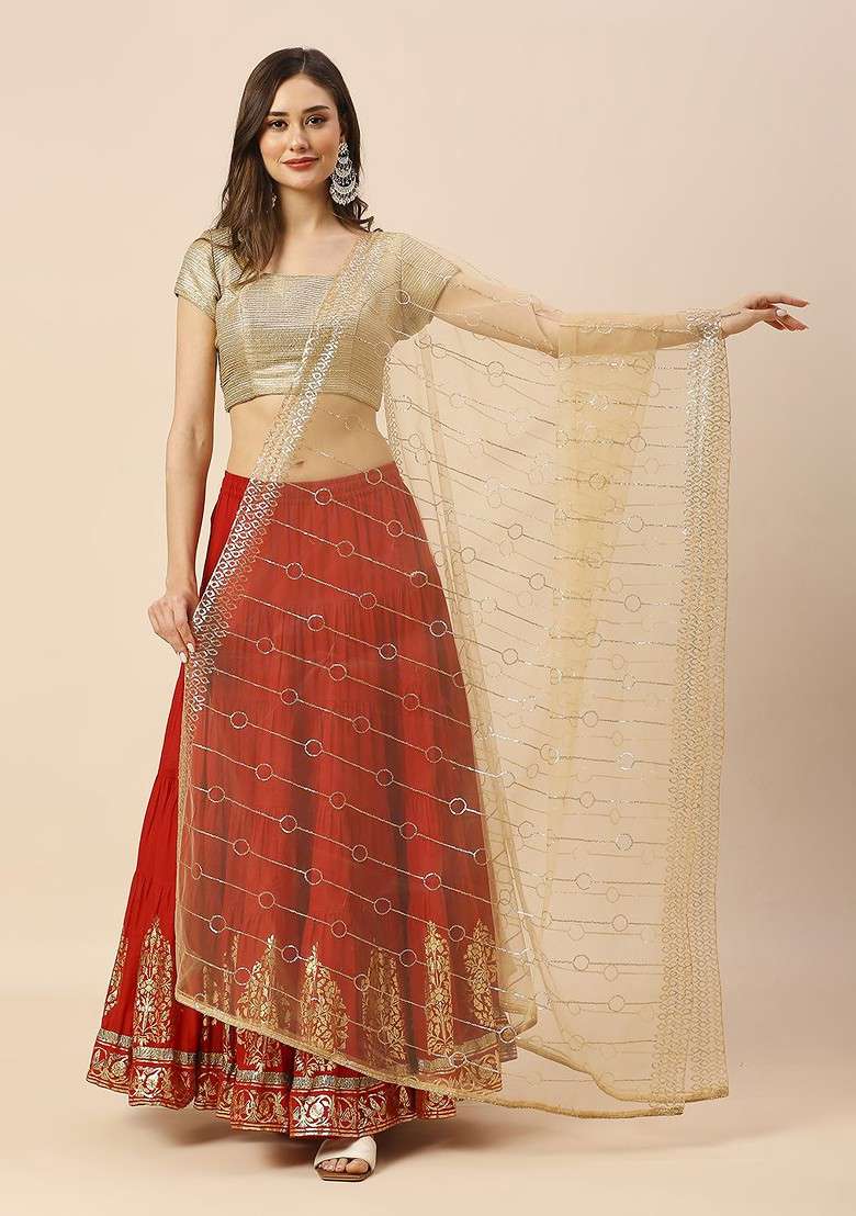 Geometric Embroidered Sequinned Net Dupatta - Indya