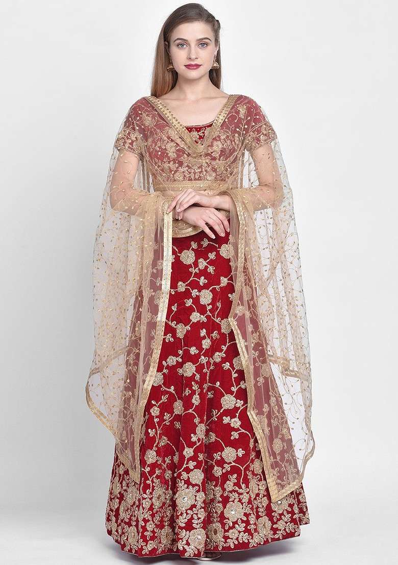 Gold Coloured Embroidered Dupatta - Indya