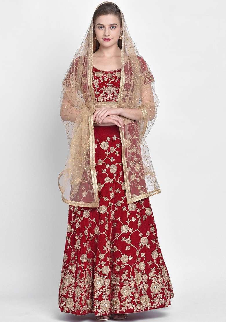 Gold Coloured Embroidered Dupatta - Indya