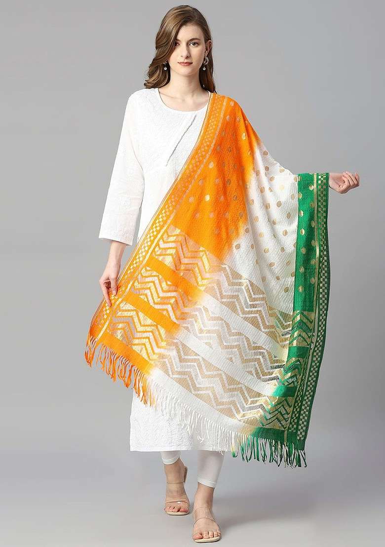 Tiranga Woven Design Silk Dupatta - Indya