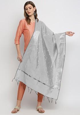 Silver Toned Woven Design Banarasi Silk Dupatta