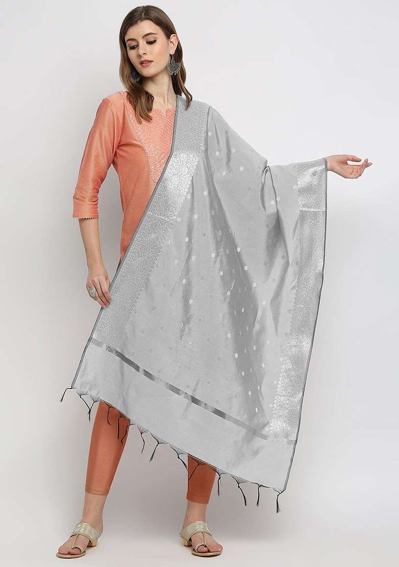 Silver Toned Woven Design Banarasi Silk Dupatta - Indya