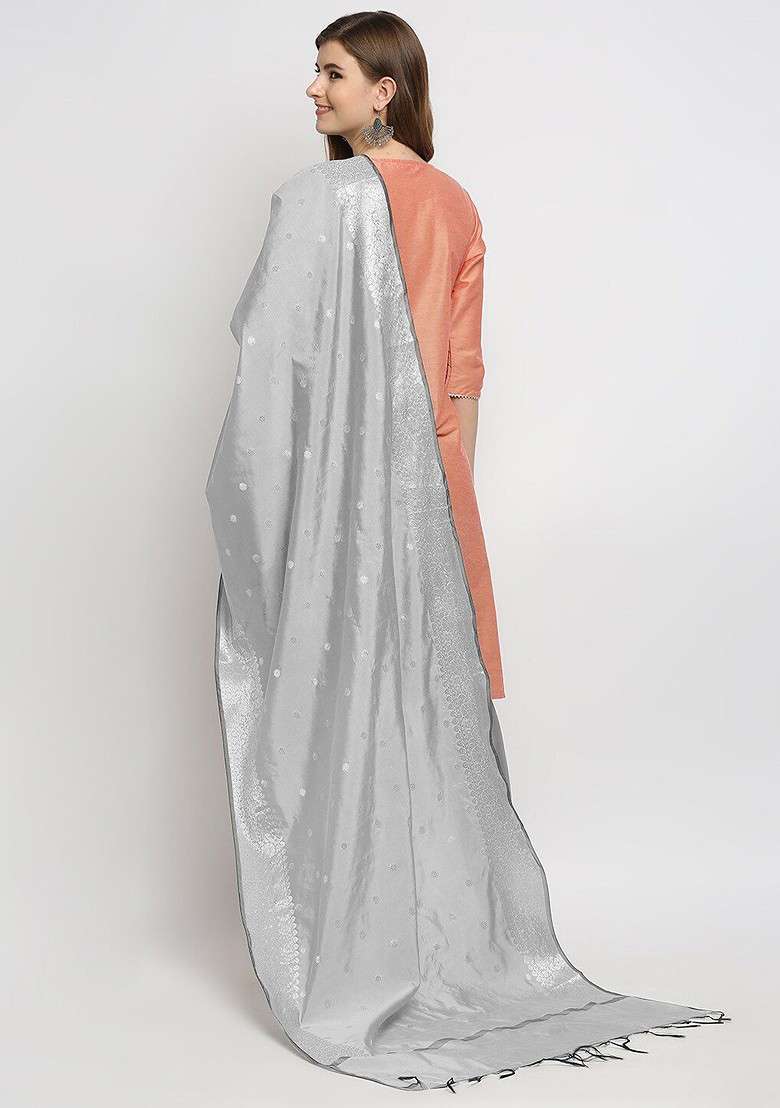 Silver Toned Woven Design Banarasi Silk Dupatta - Indya
