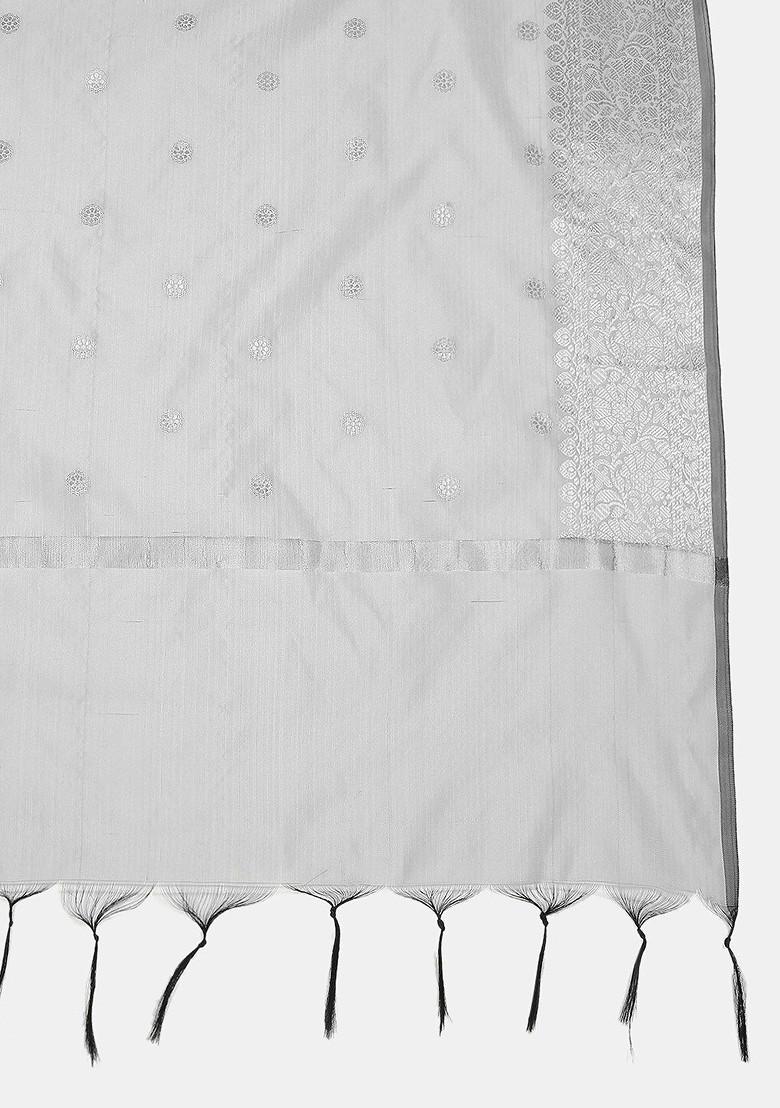 Silver Toned Woven Design Banarasi Silk Dupatta