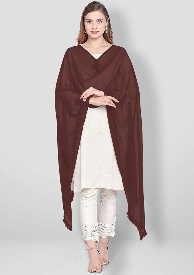 Coffee Brown Solid Dupatta - Indya
