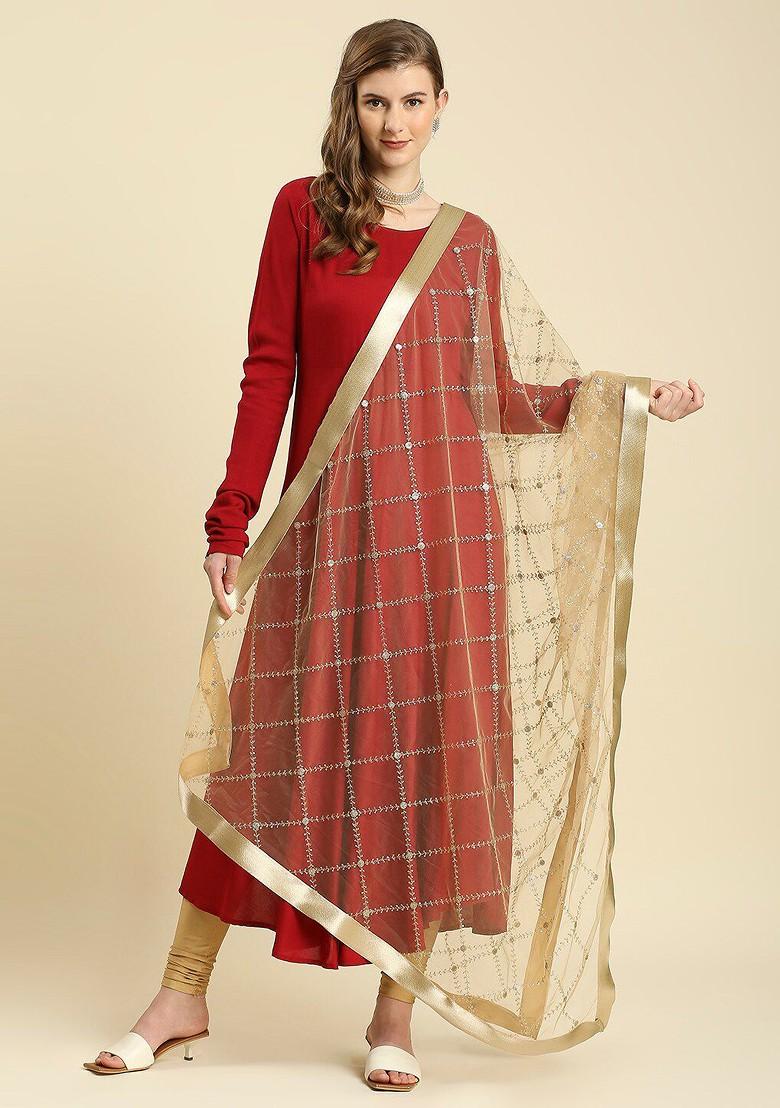Women Gold Embroidered Net Dupatta