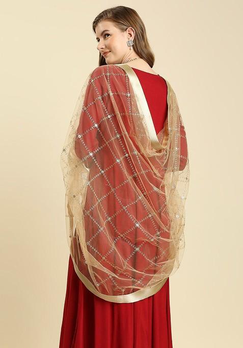 Women Gold Embroidered Net Dupatta