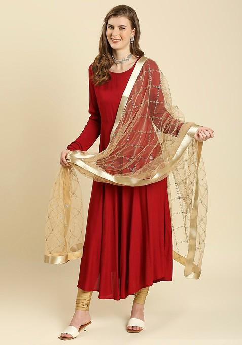 Women Gold Embroidered Net Dupatta