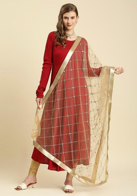 Women Gold Embroidered Net Dupatta