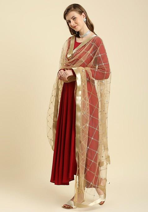 Women Gold Embroidered Net Dupatta