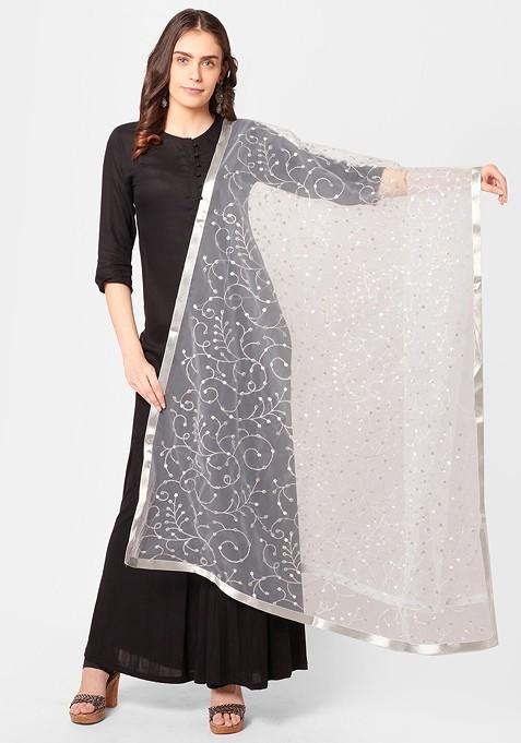 Silver Embroidered Dupatta With Thread Work
