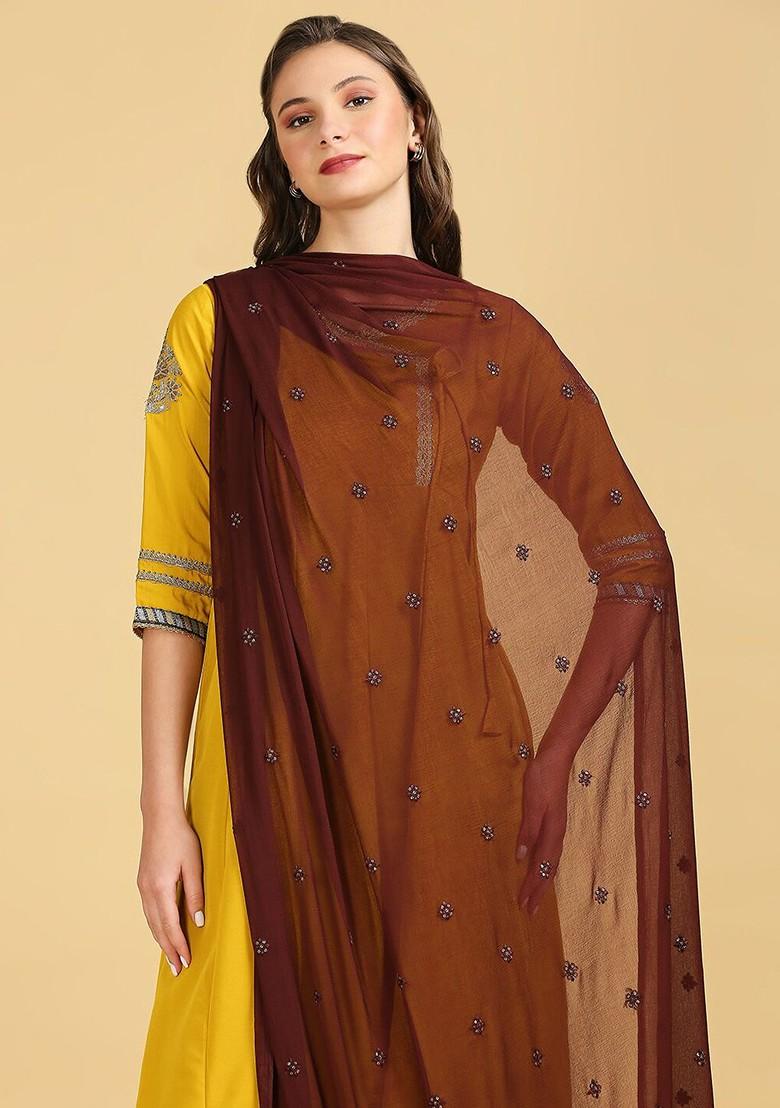 Floral Embroidered Chiffon Dupatta With Sequinned
