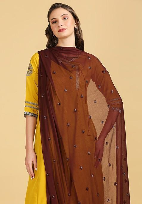 Floral Embroidered Chiffon Dupatta With Sequinned