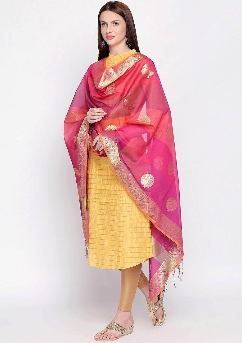 Pink And Orange Banarasi Woven Design Dupatta