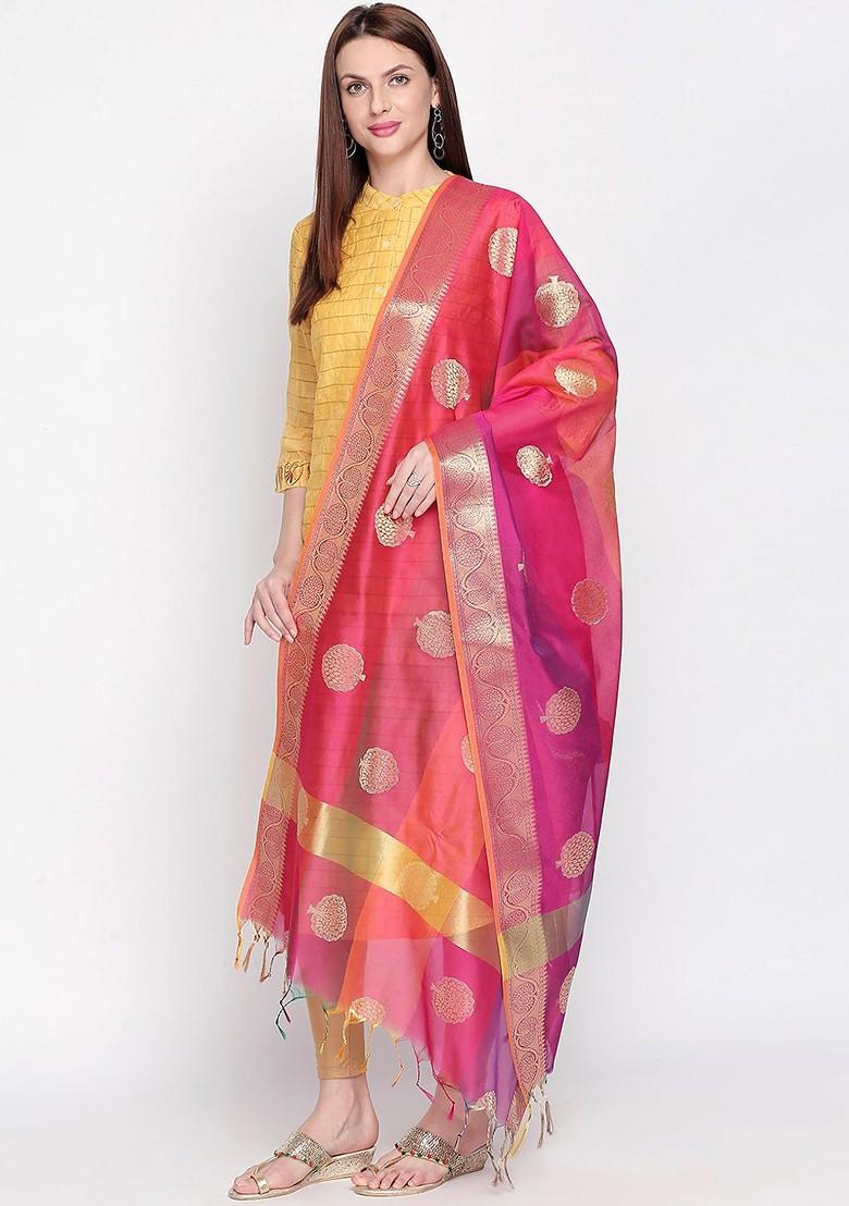 Pink And Orange Banarasi Woven Design Dupatta