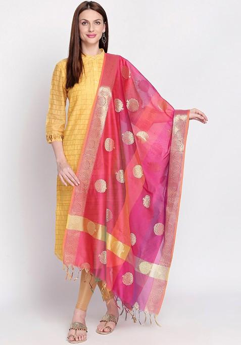 Pink And Orange Banarasi Woven Design Dupatta