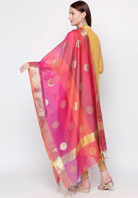 Pink And Orange Banarasi Woven Design Dupatta
